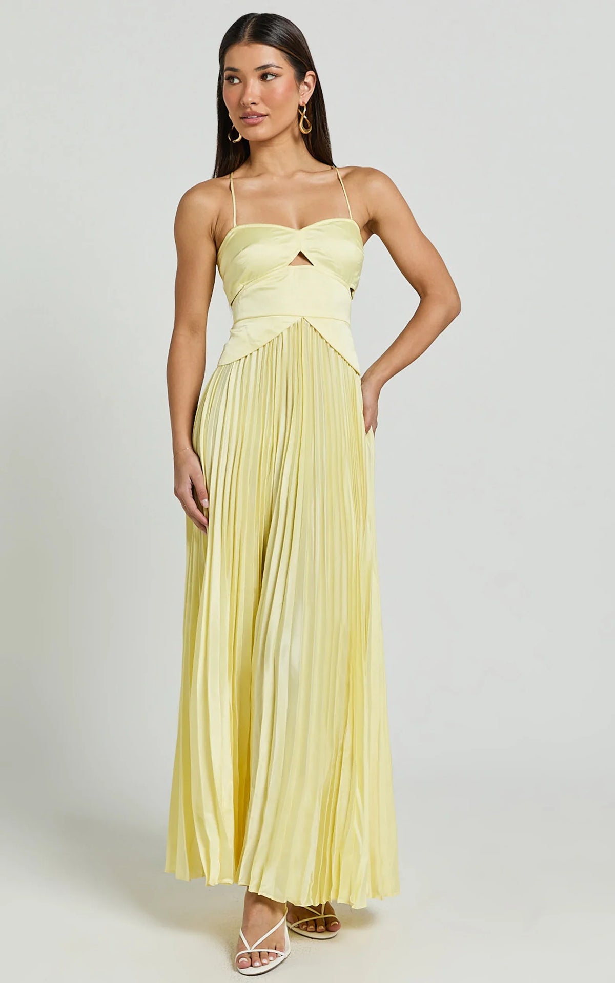 Shay Maxi Dress Sweetheart Cut Out Pleated Dress in Lemon