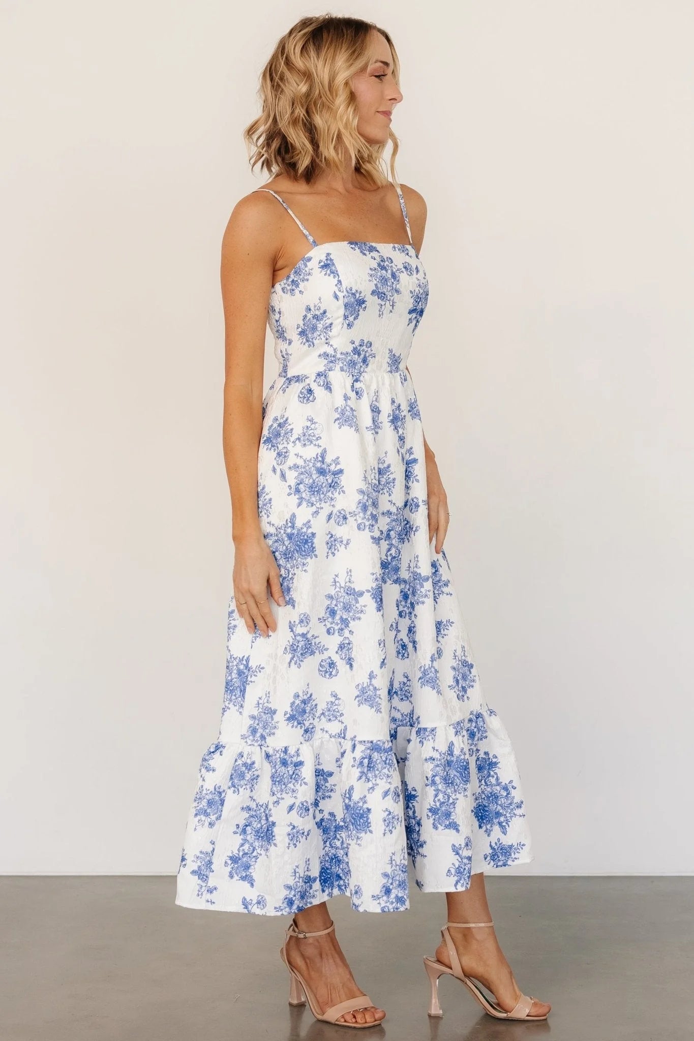 Cherie Jacquard Dress | Off White + Blue Floral
