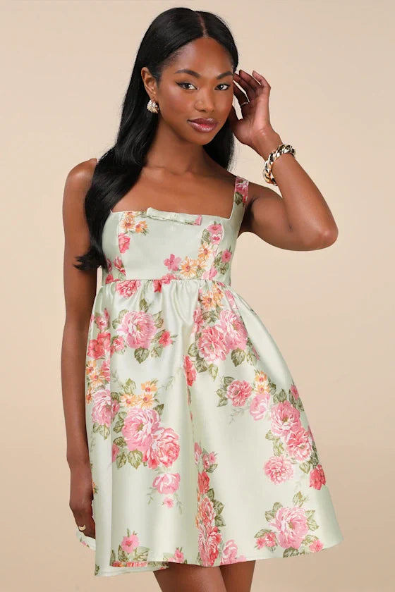 Unbelievably Lovely Sage Floral Babydoll Empire Waist Mini Dress