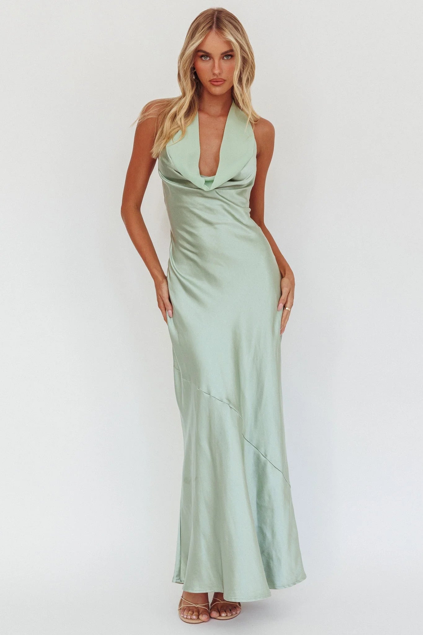 Leading Lady Open Back Cowl Maxi Dress Sage