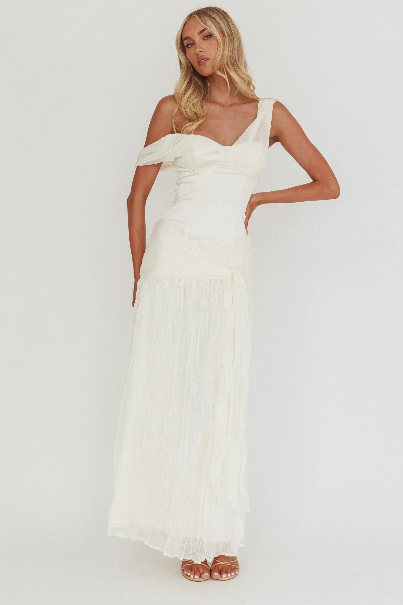 Keia Crepe Chiffon One-Shoulder Maxi Dress Oyster