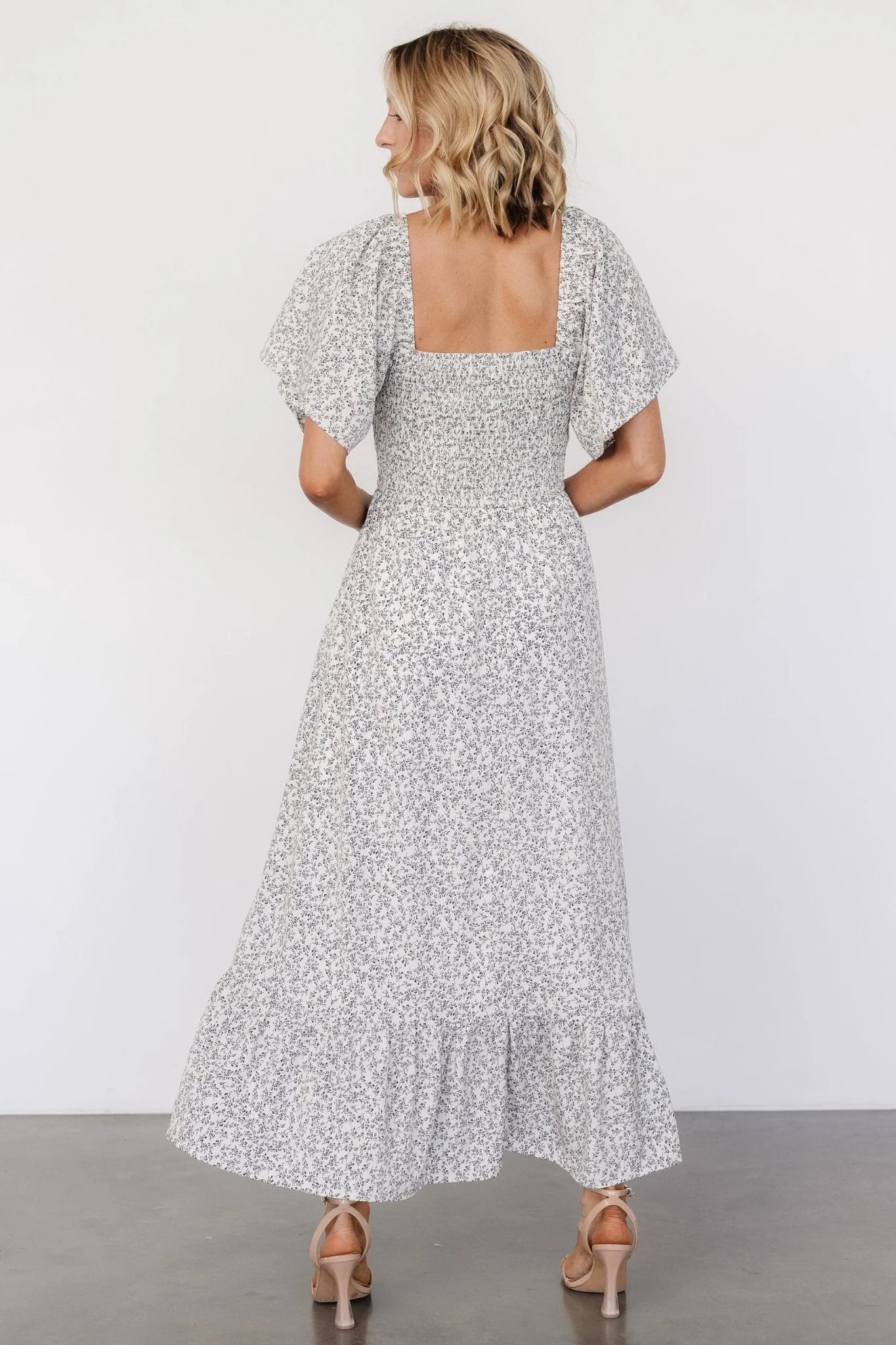 Cassis Smocked Midi Dress | Ivory + Black Floral