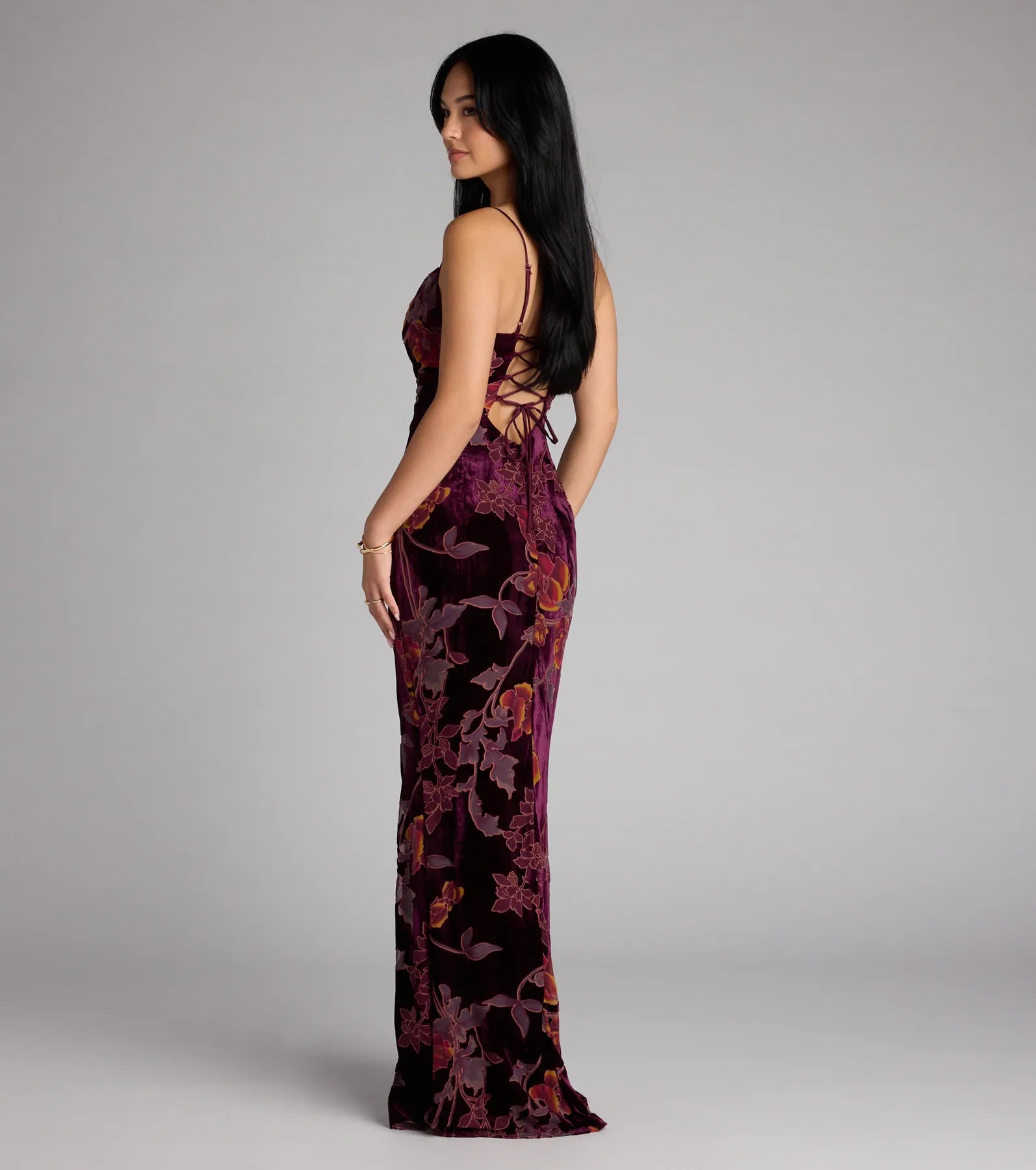 Melanie Floral Velvet Lace-Up Formal Dress