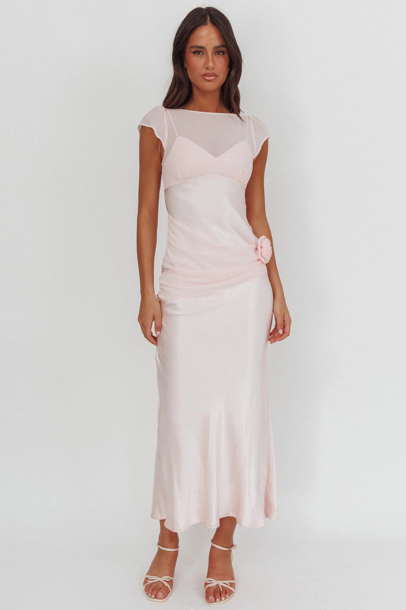 Enchanted Dusk Cap Sleeve Rosette Maxi Dress Pink