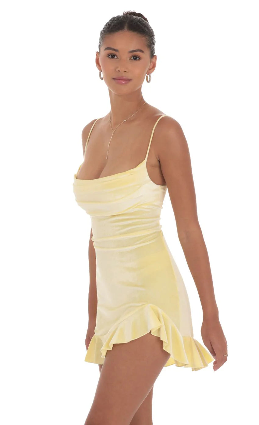 Velvet Ruffled Slit Dress in Yellow