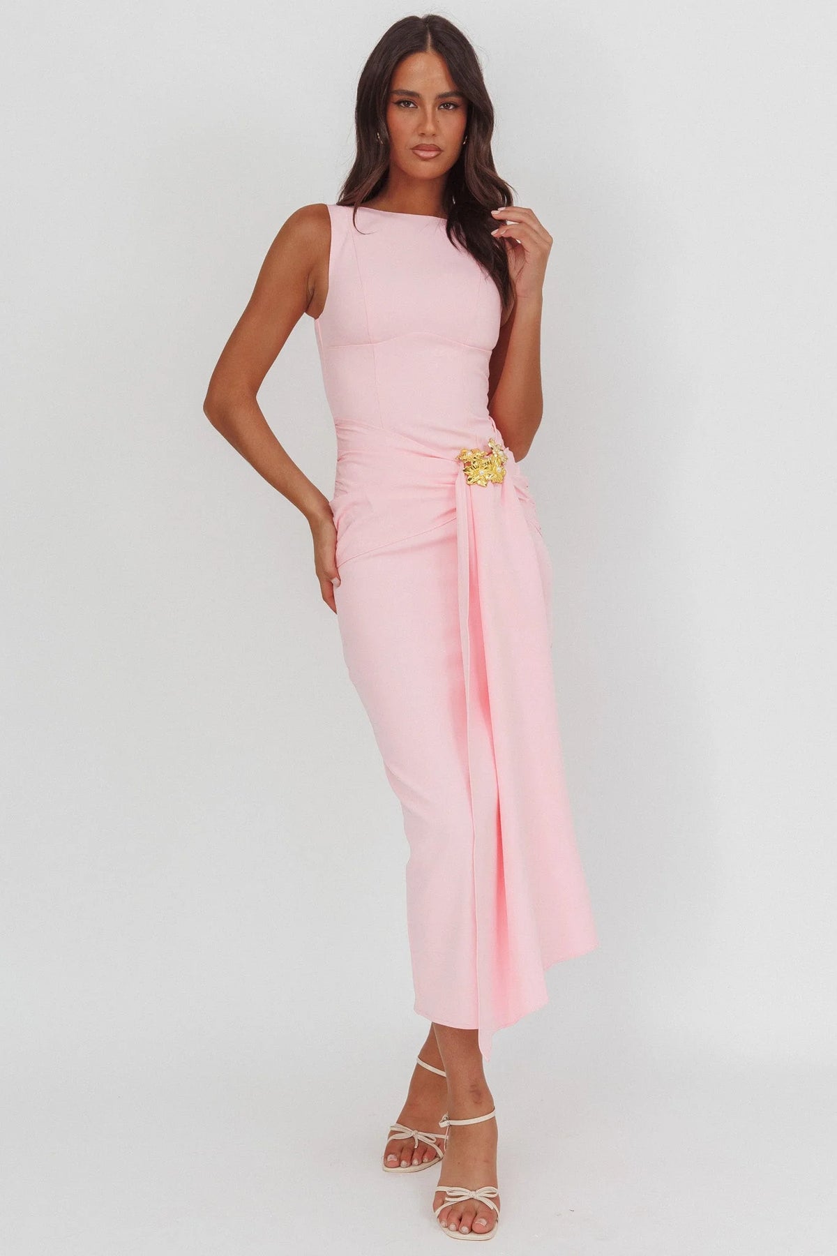 Zimora Gold Buckle Waist Drape Maxi Dress Pink
