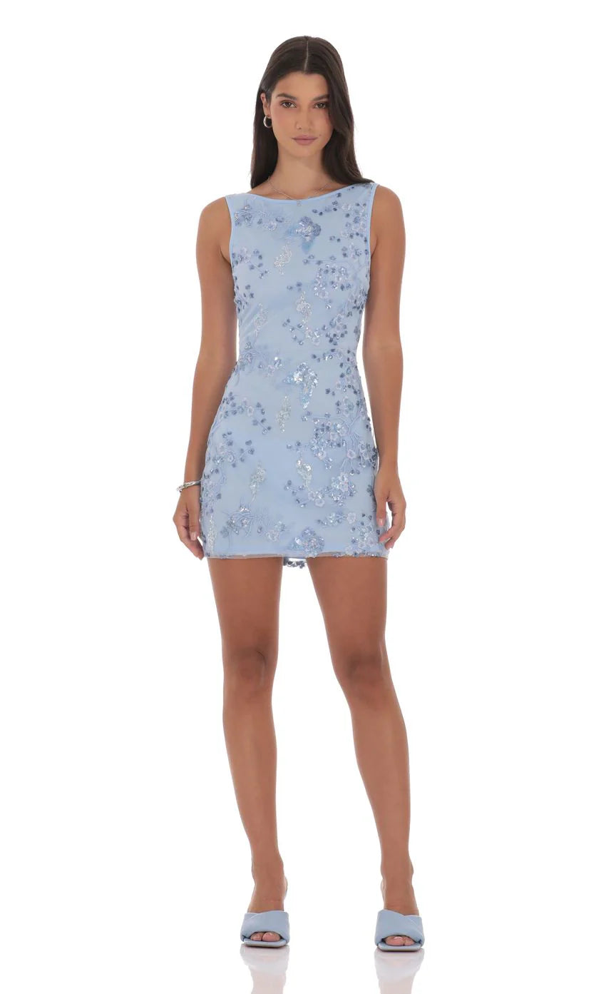 High Neck Floral Bodycon Dress in Light Blue