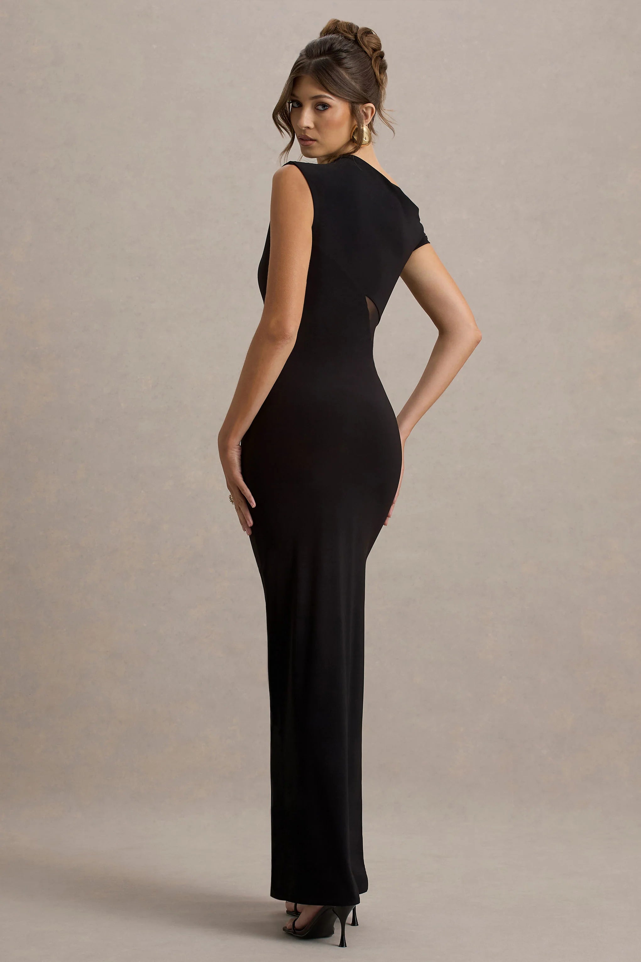Emily | Black Asymmetric Split Maxi Dress With Mesh Detailing