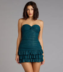 Party Perfect Glitter Knit Strapless Ruffle Mini Dress