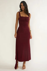 Emara Ruched Waist Sash Maxi Dress Burgundy