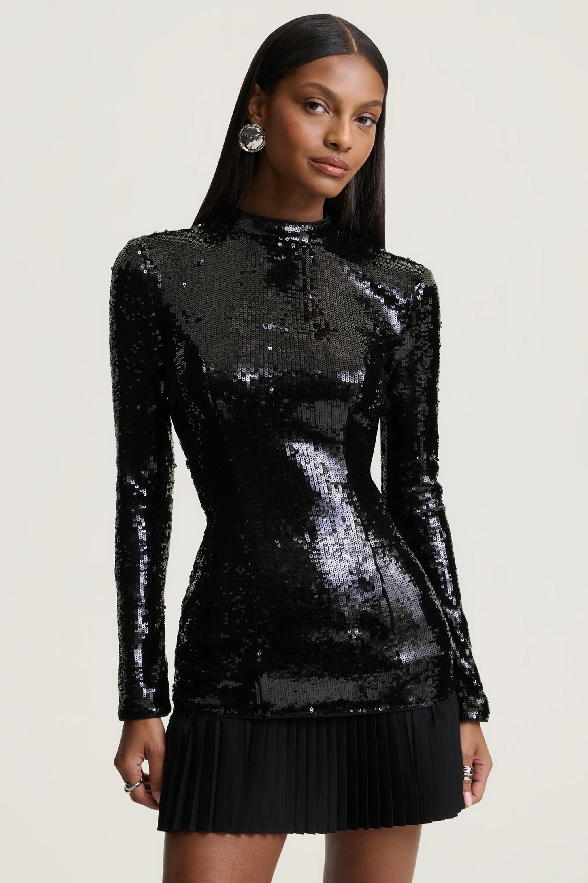North | Black Sequin High-Neck Mini Dress With Pleats