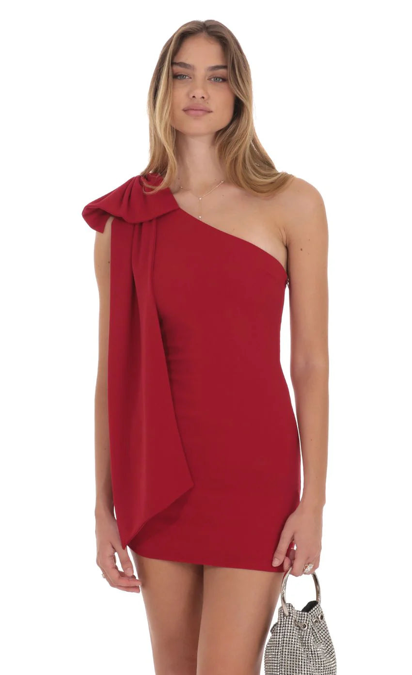 One Shoulder Bow Dress in Red