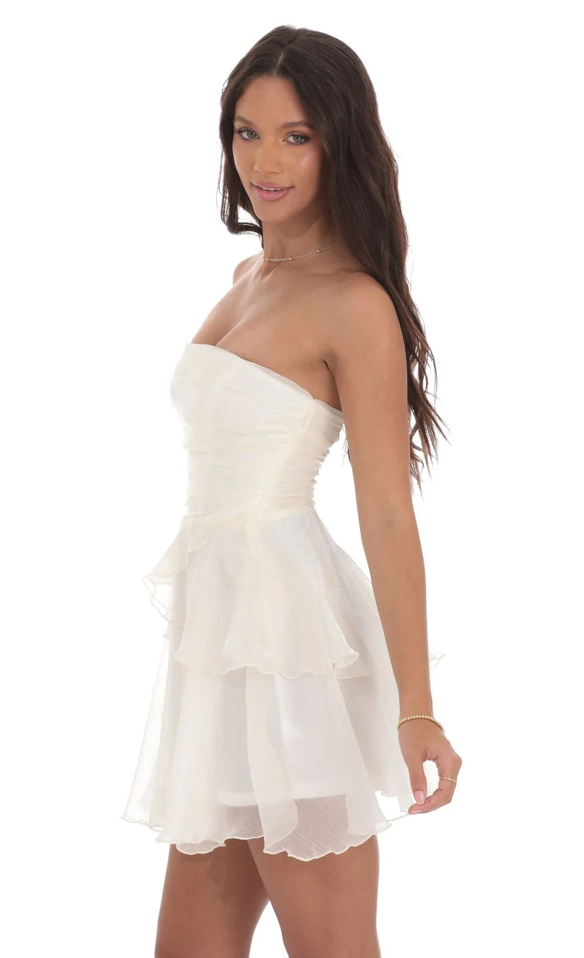 Shimmer Petal Ruffle Strapless Dress in Ivory