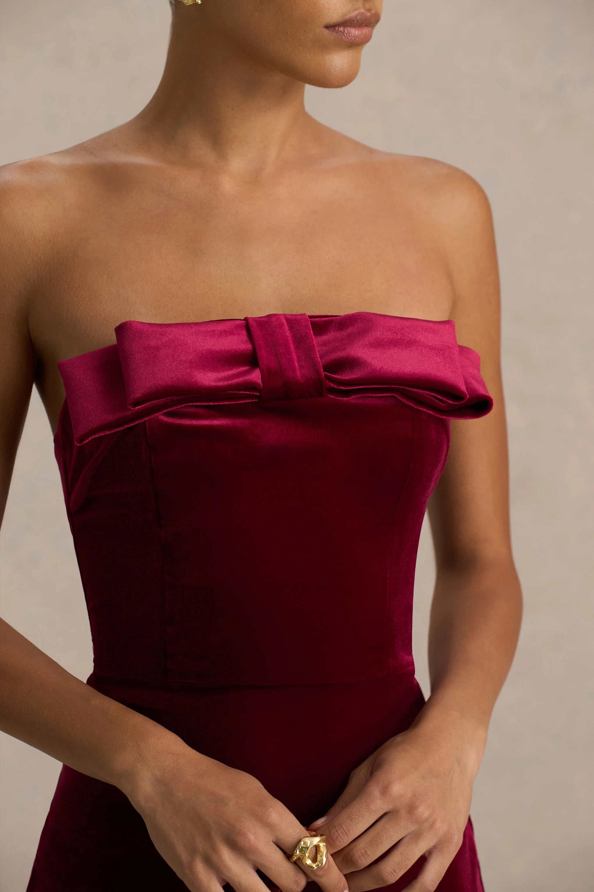 Illusion | Burgundy Velvet Bandeau Maxi Dress With Bow Detail