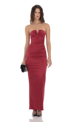 Satin V-Strapless Maxi Dress in Maroon