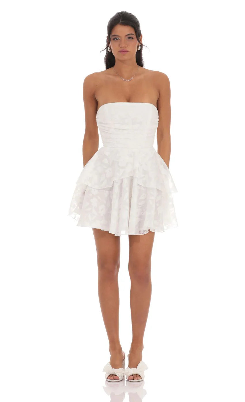 Floral Corset Strapless Ruffle Dress in White