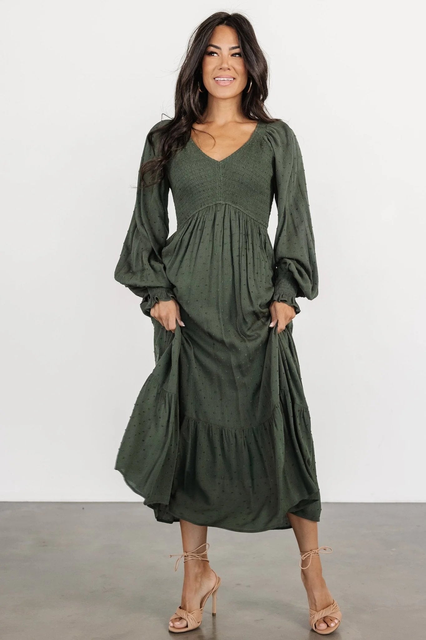 Lainey Smocked Dotted Midi Dress | Deep Olive