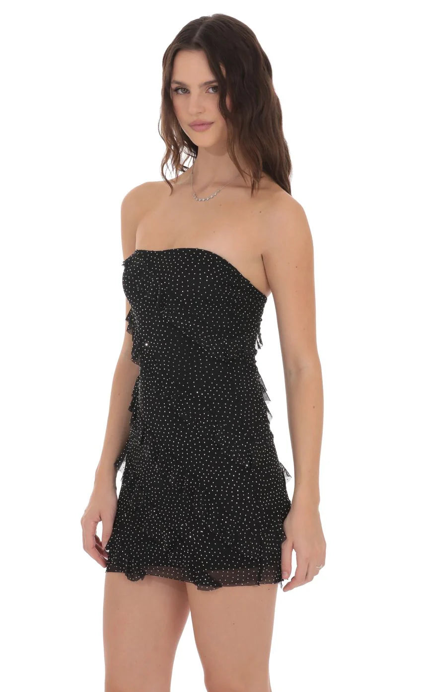 Mesh Rhinestone Strapless Ruffle Dress in Black