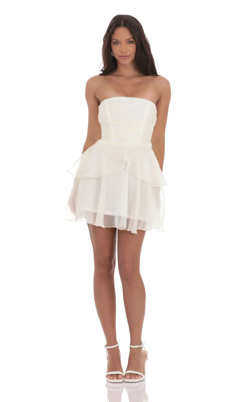 Shimmer Petal Ruffle Strapless Dress in Ivory