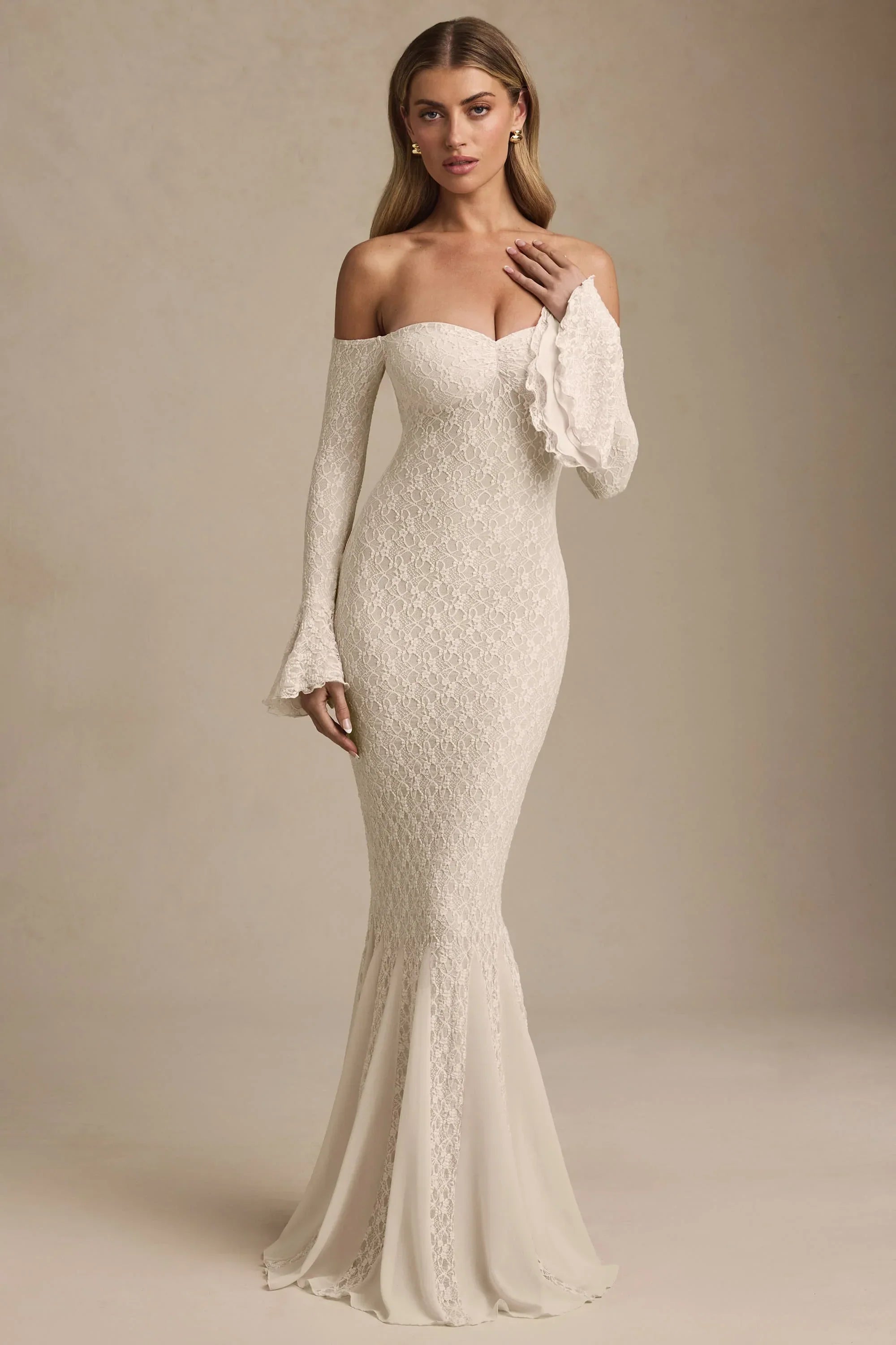 Off-Shoulder Ruffle Lace Maxi Dress in Ivory