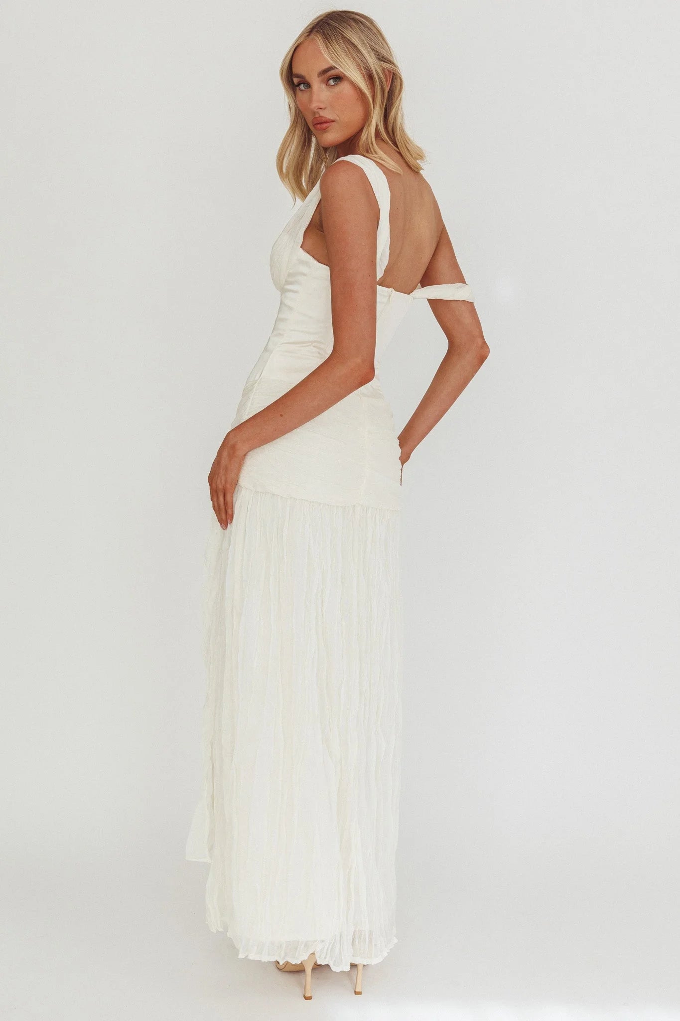 Keia Crepe Chiffon One-Shoulder Maxi Dress Oyster
