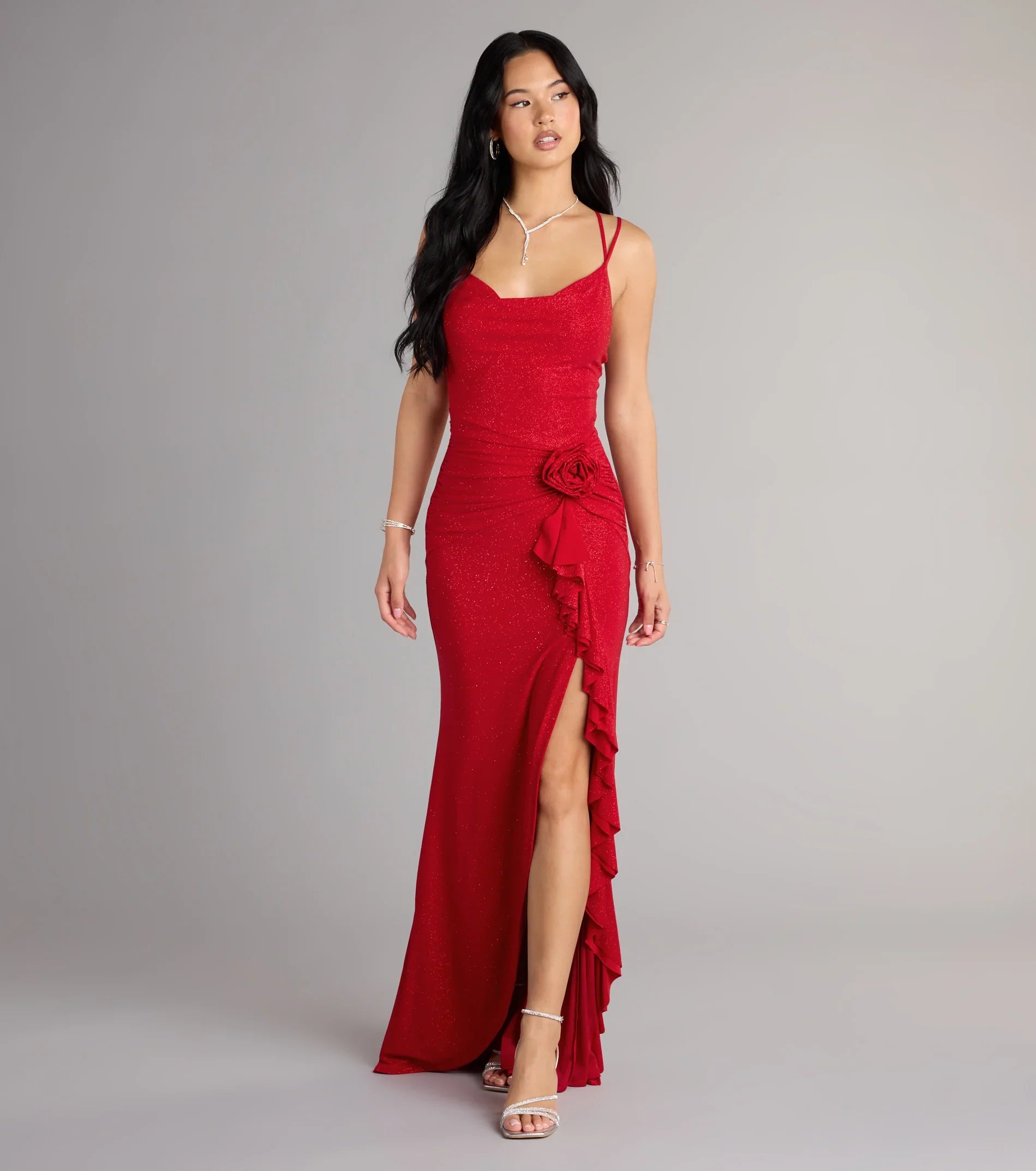 Riley Glitter Ruffle Slit Mermaid Formal Dress
