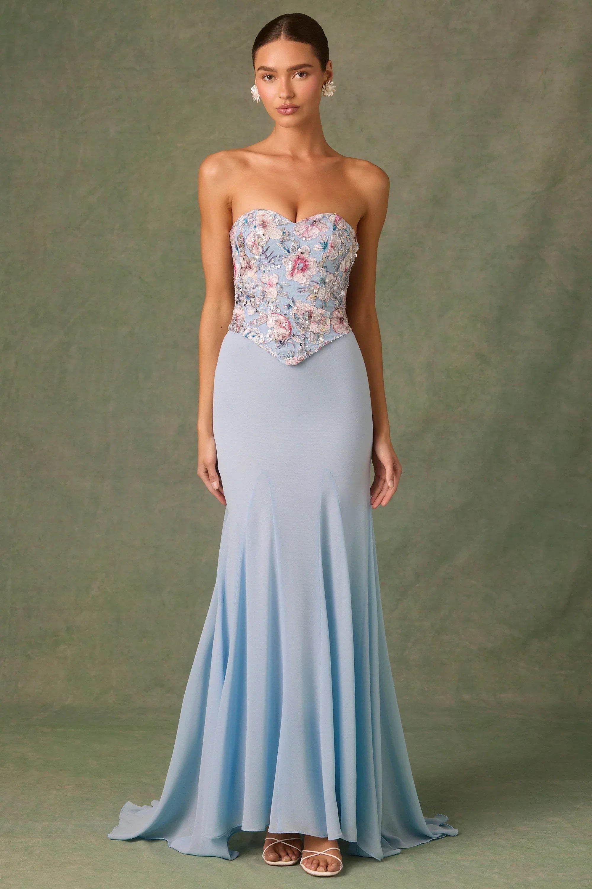 Embellished Corset Fishtail Gown in Floral Blue