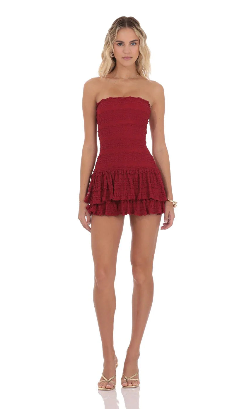 Strapless Lace Ruffle Dress in Red