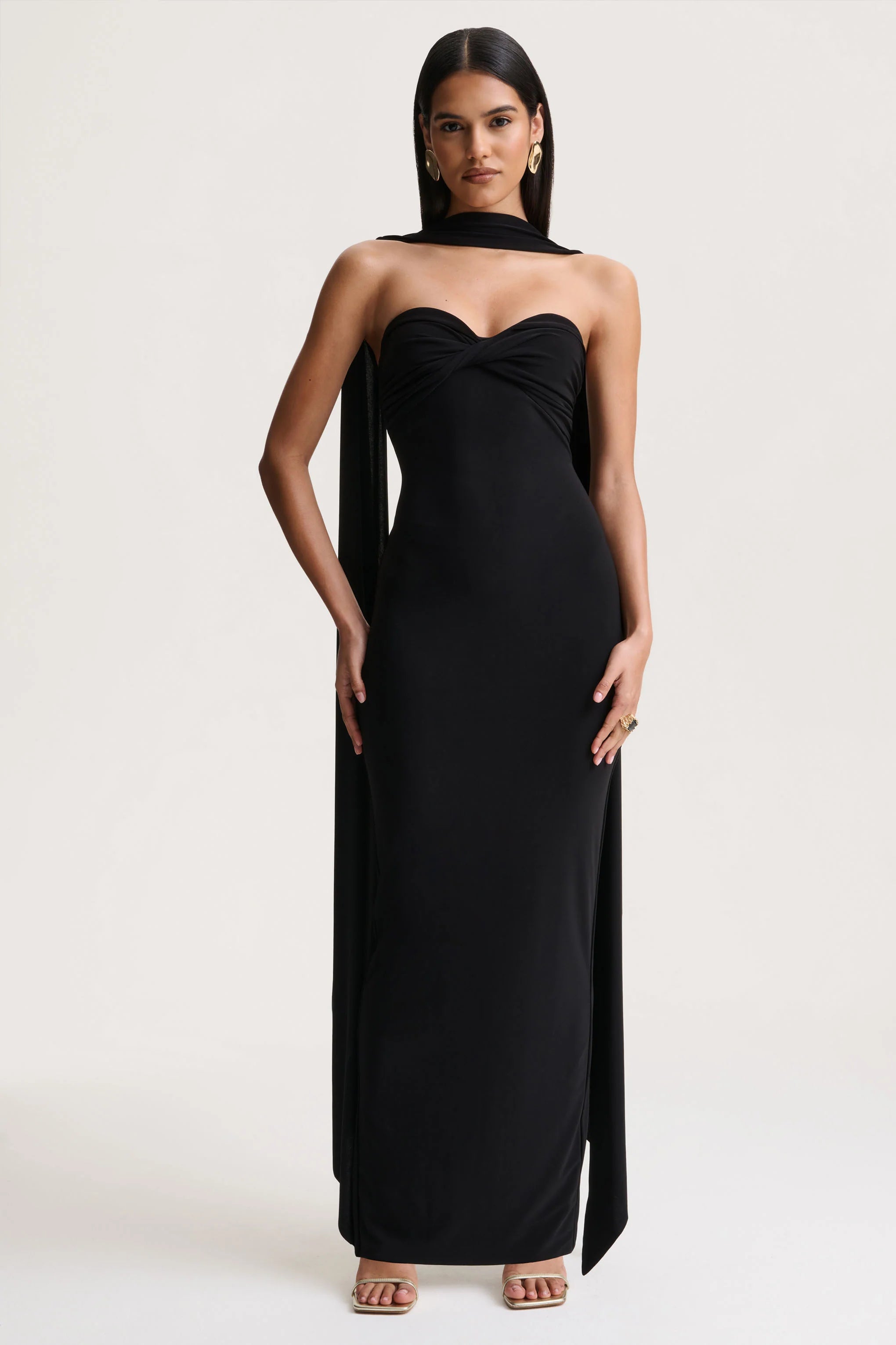 Sheila | Black Bandeau Maxi Dress With Scarf Detail
