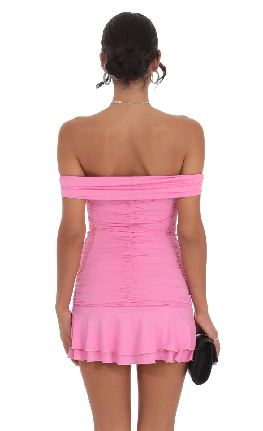 Off Shoulder Ruched Ruffle Dress in Pink