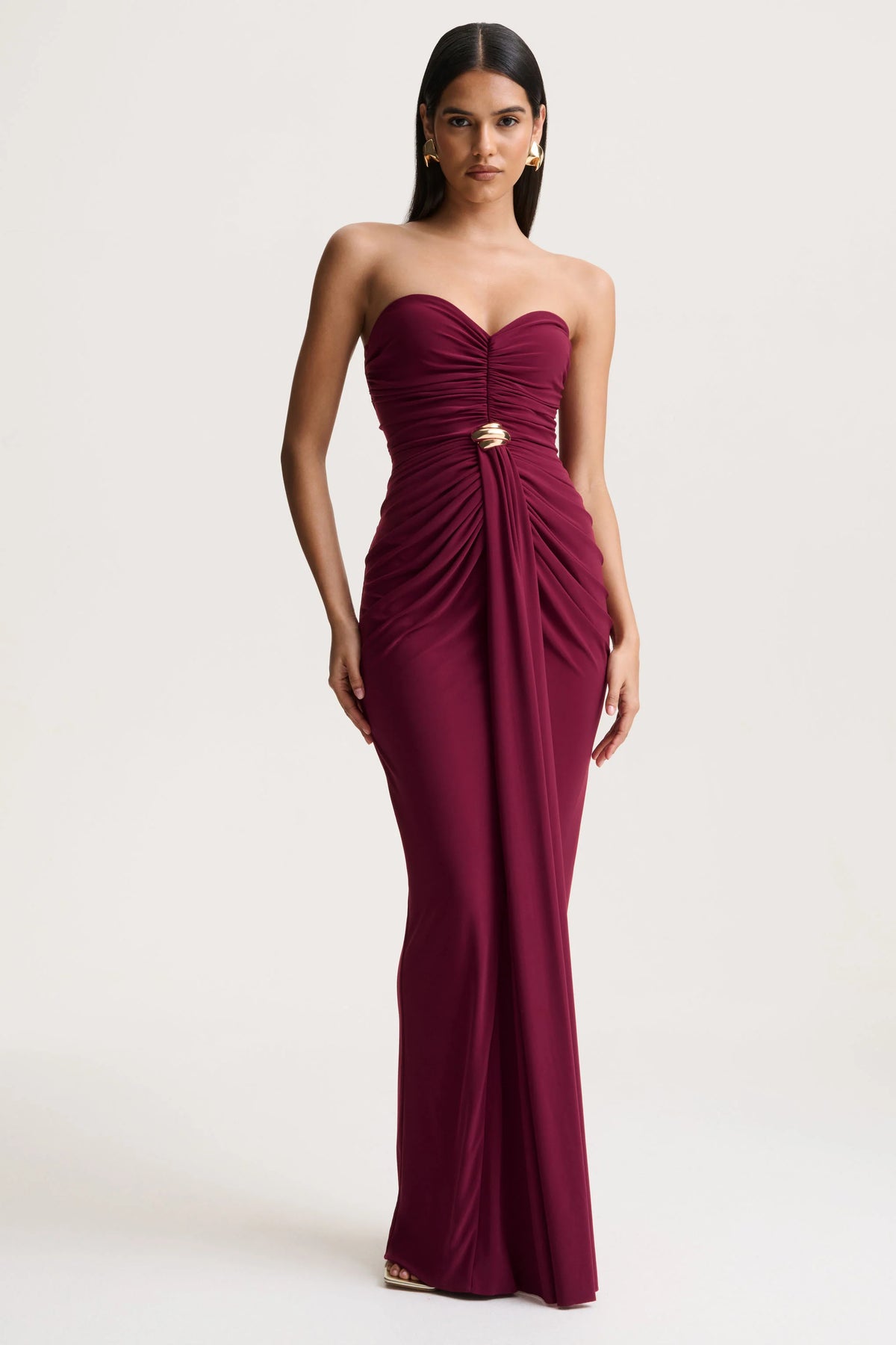 Beverly | Burgundy Bandeau Maxi Dress With Gathered-Detailing