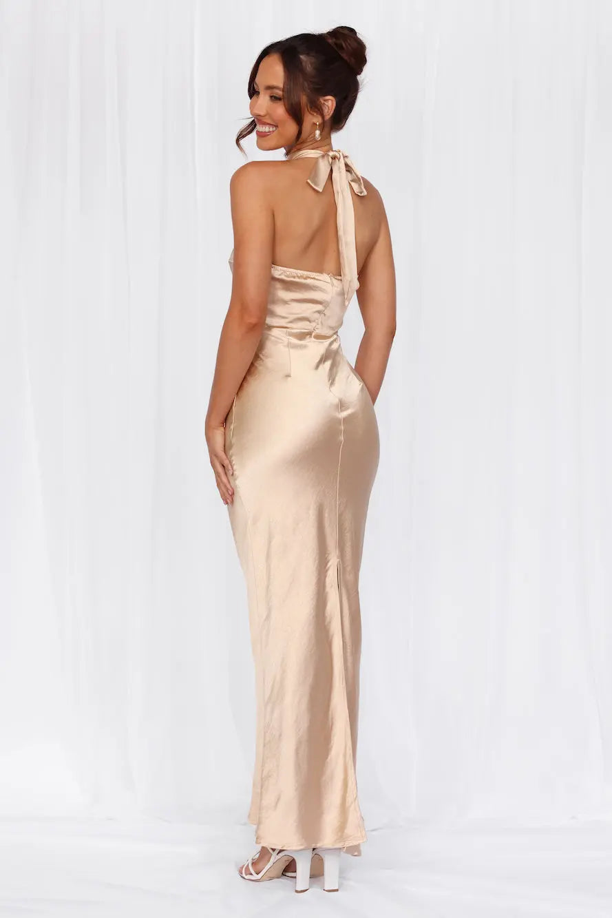 The Cleo Halter Satin Maxi Dress Champagne