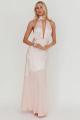 Italia Azure Halterneck Sheer Hem Maxi Dress Blush