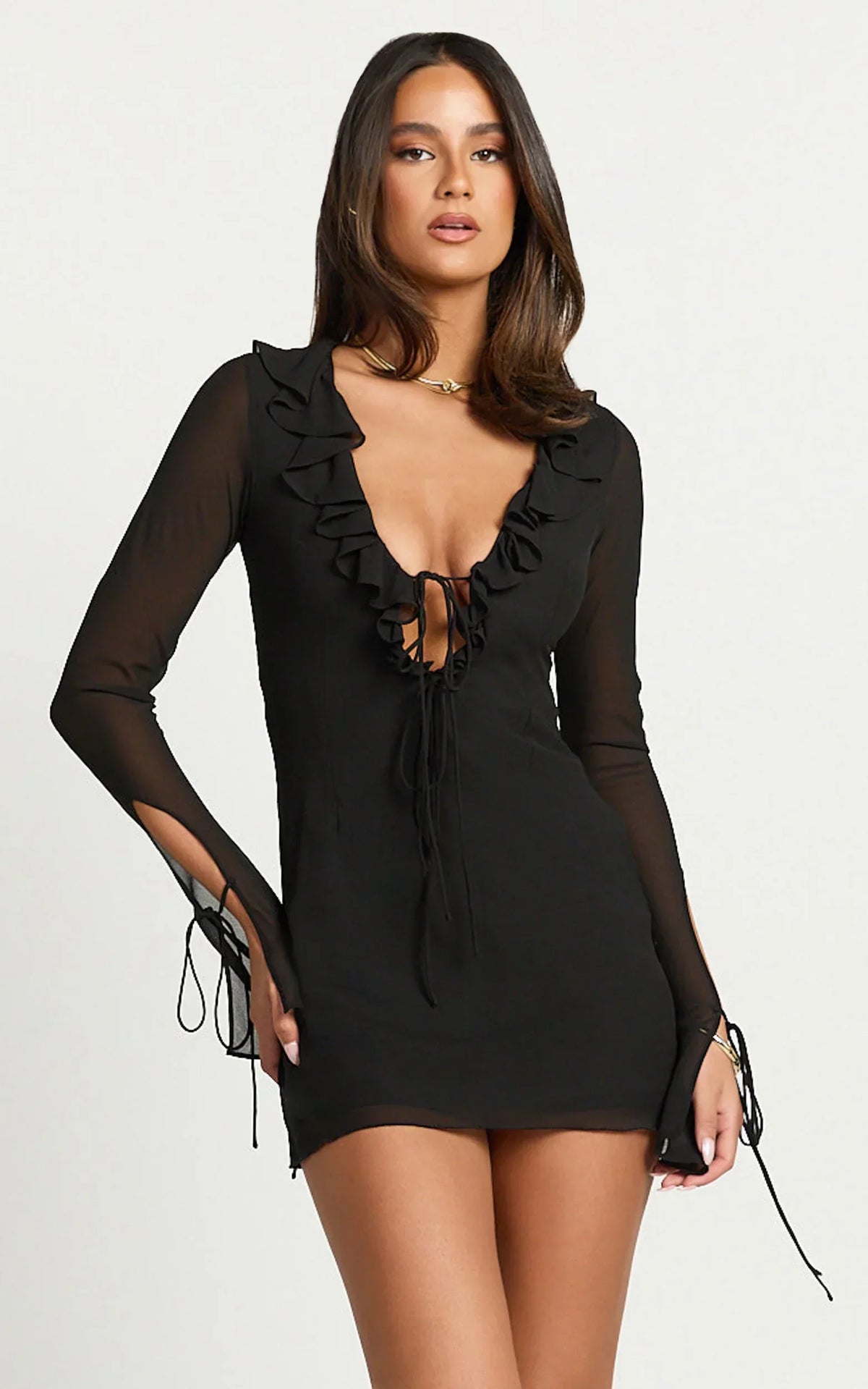 Alesya Mini Dress Ruffle Plunge Neck Long Sleeve Tie Detail Dress in Black