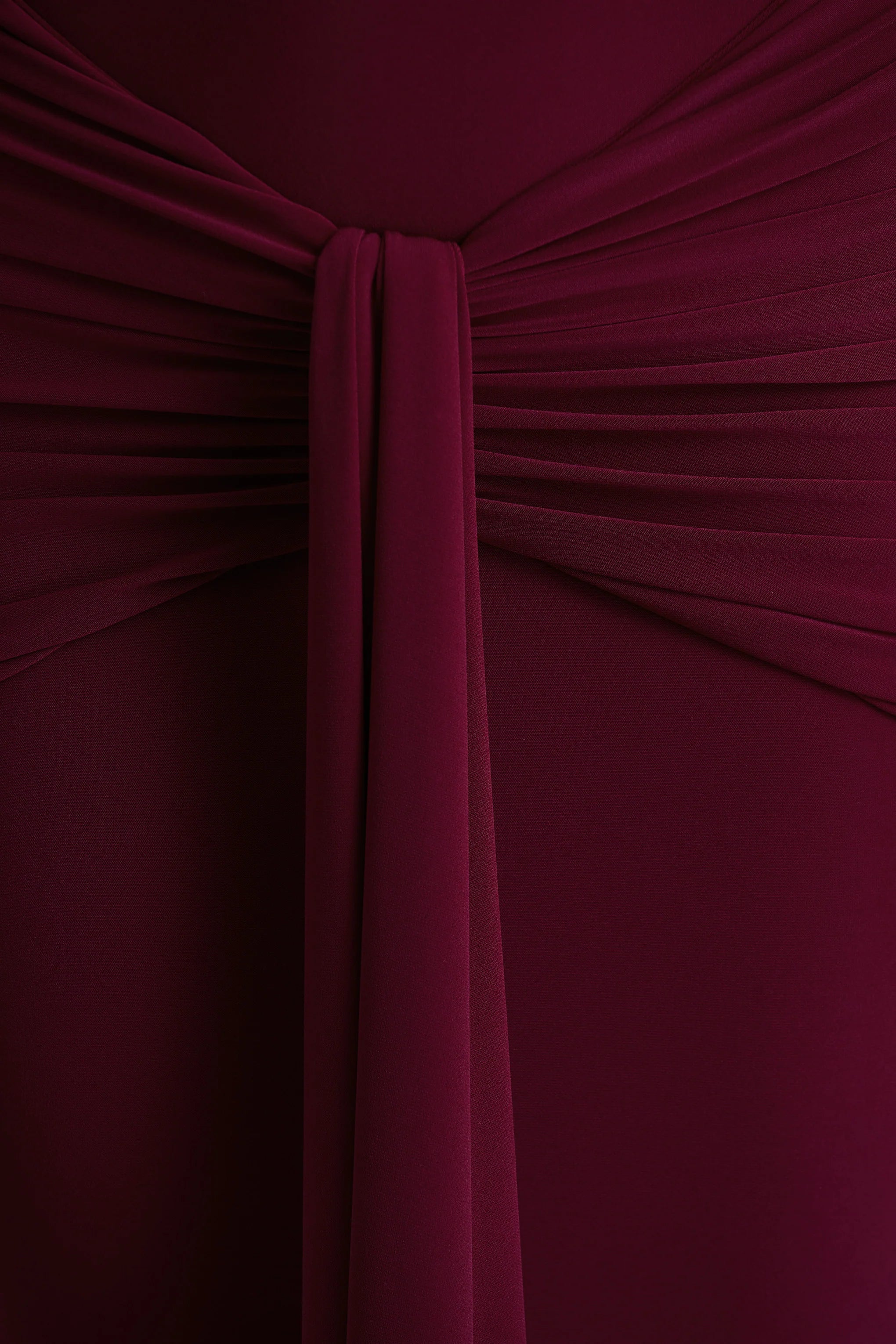 Envisioned | Burgundy Bardot-Neck Maxi Dress With Gathered And Drape Detail