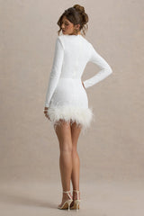 Claudia | White Sequin High Neck Feather Hem Mini Dress With Long Sleeves
