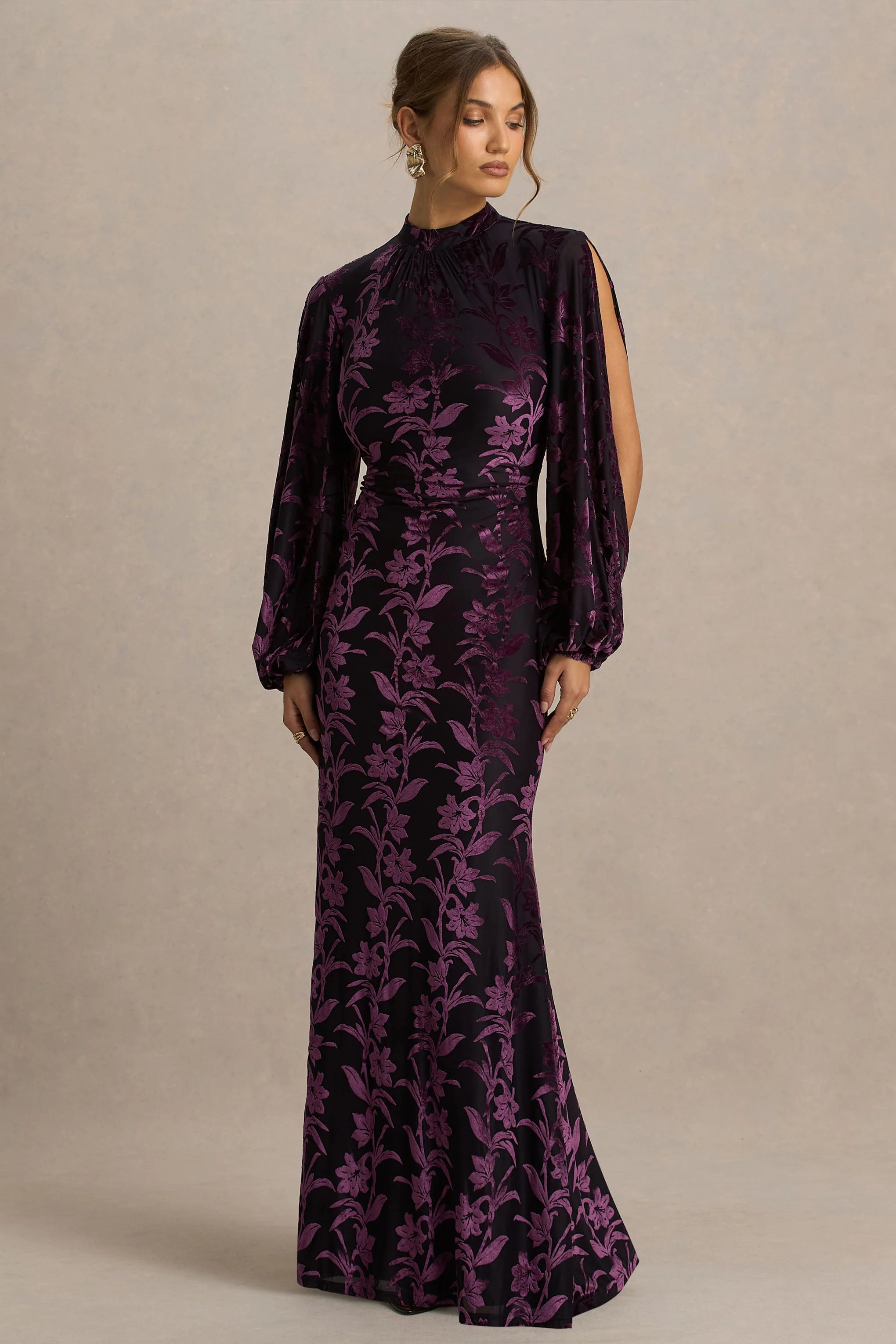 Janet | Black And Burgundy Devore High-Neck Maxi Dress With Cut-Out Details