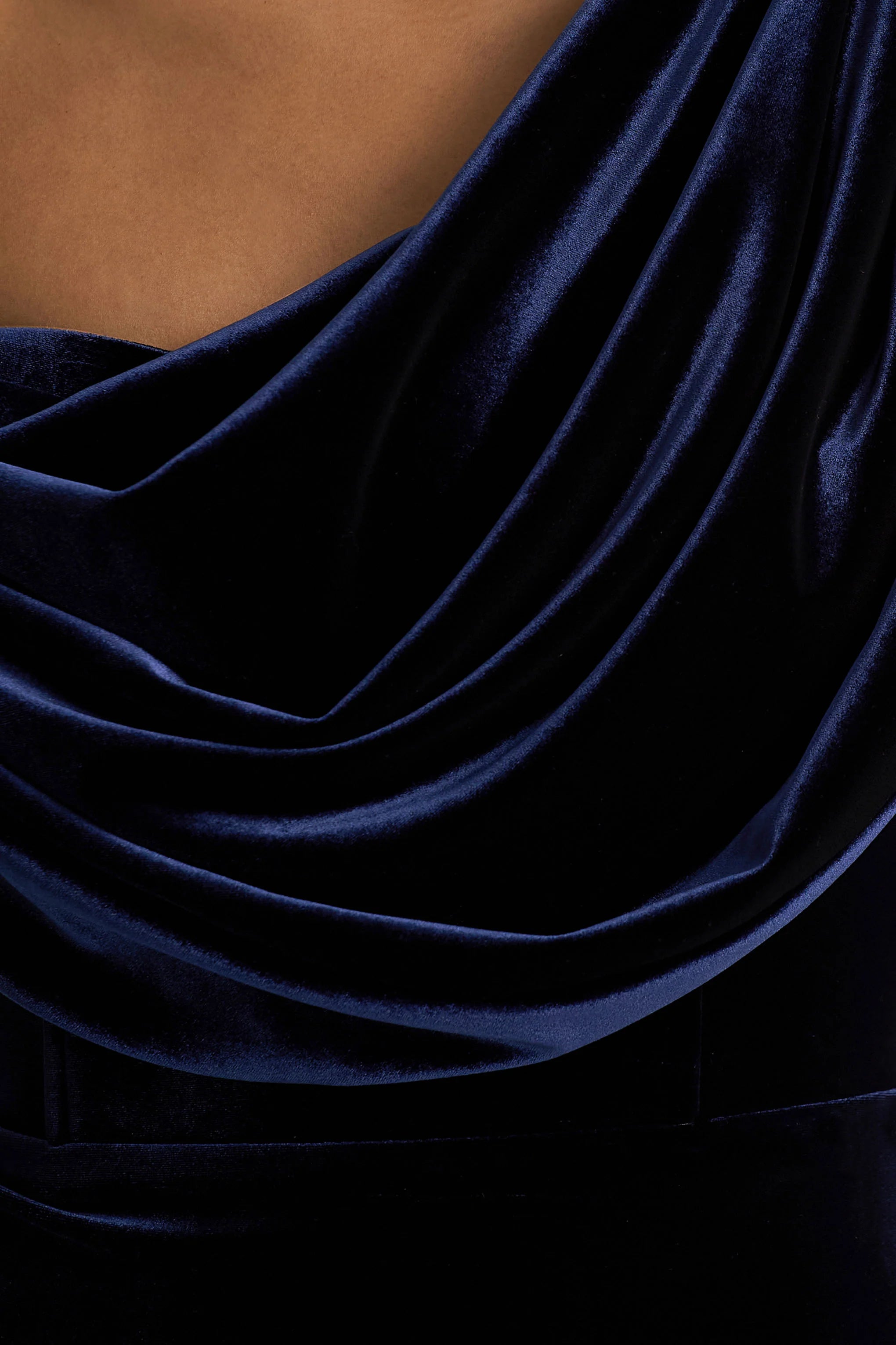High End | Navy Velvet Asymmetric-Neck Midi Dress With Draped Detailing