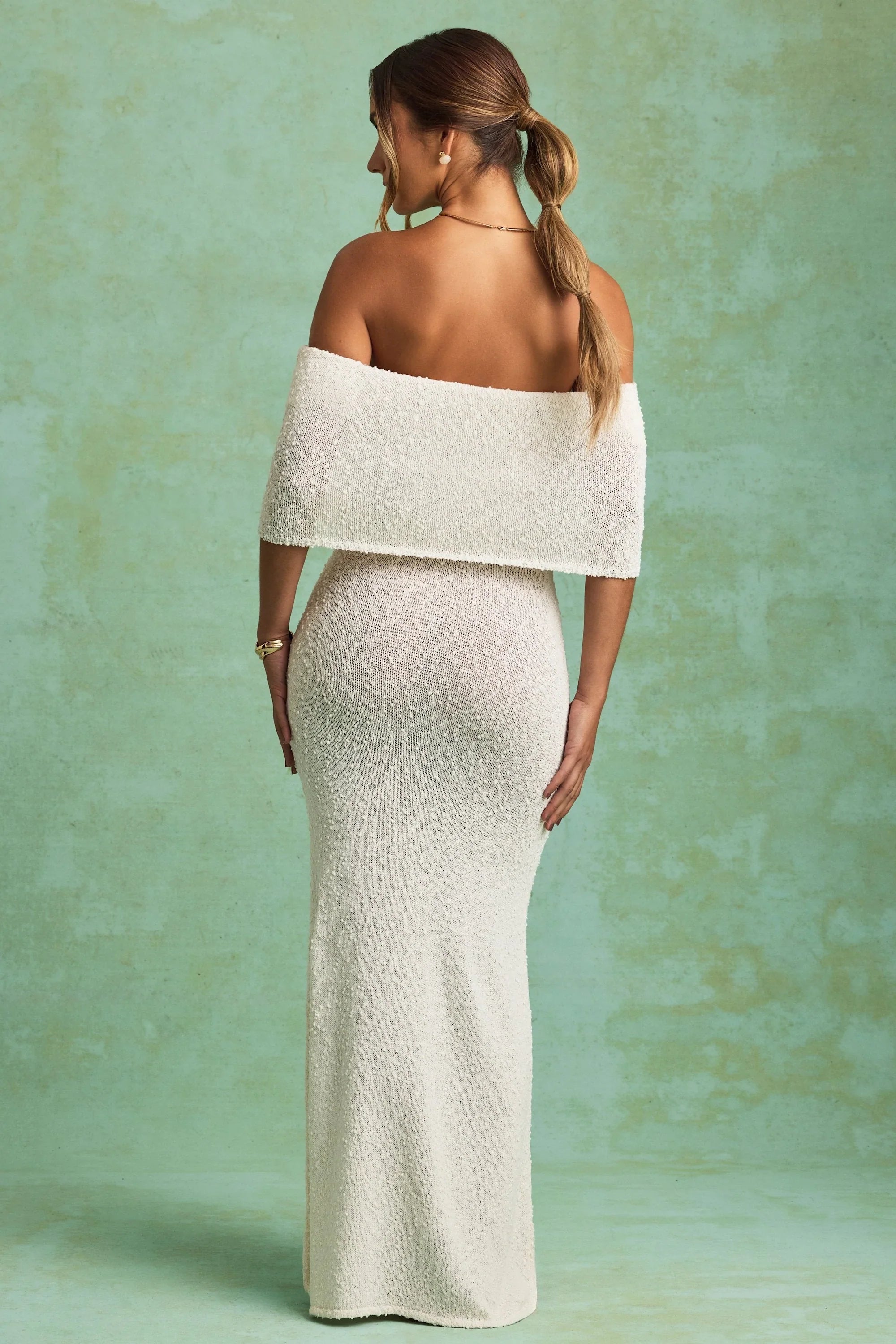 Bouclé Off-Shoulder Maxi Dress in White