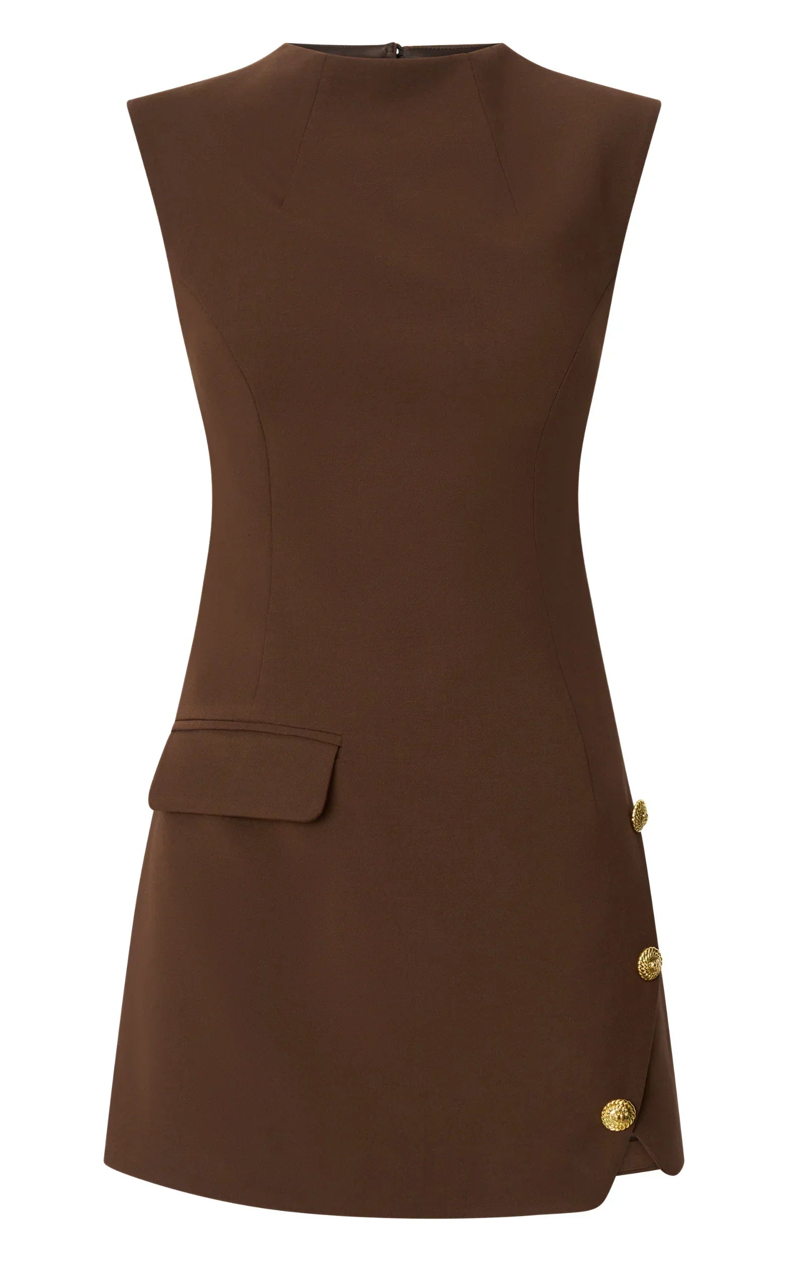 Langley Mini Dress Sleeveless High Neck Faux Wrap Tulip Dress in Brown