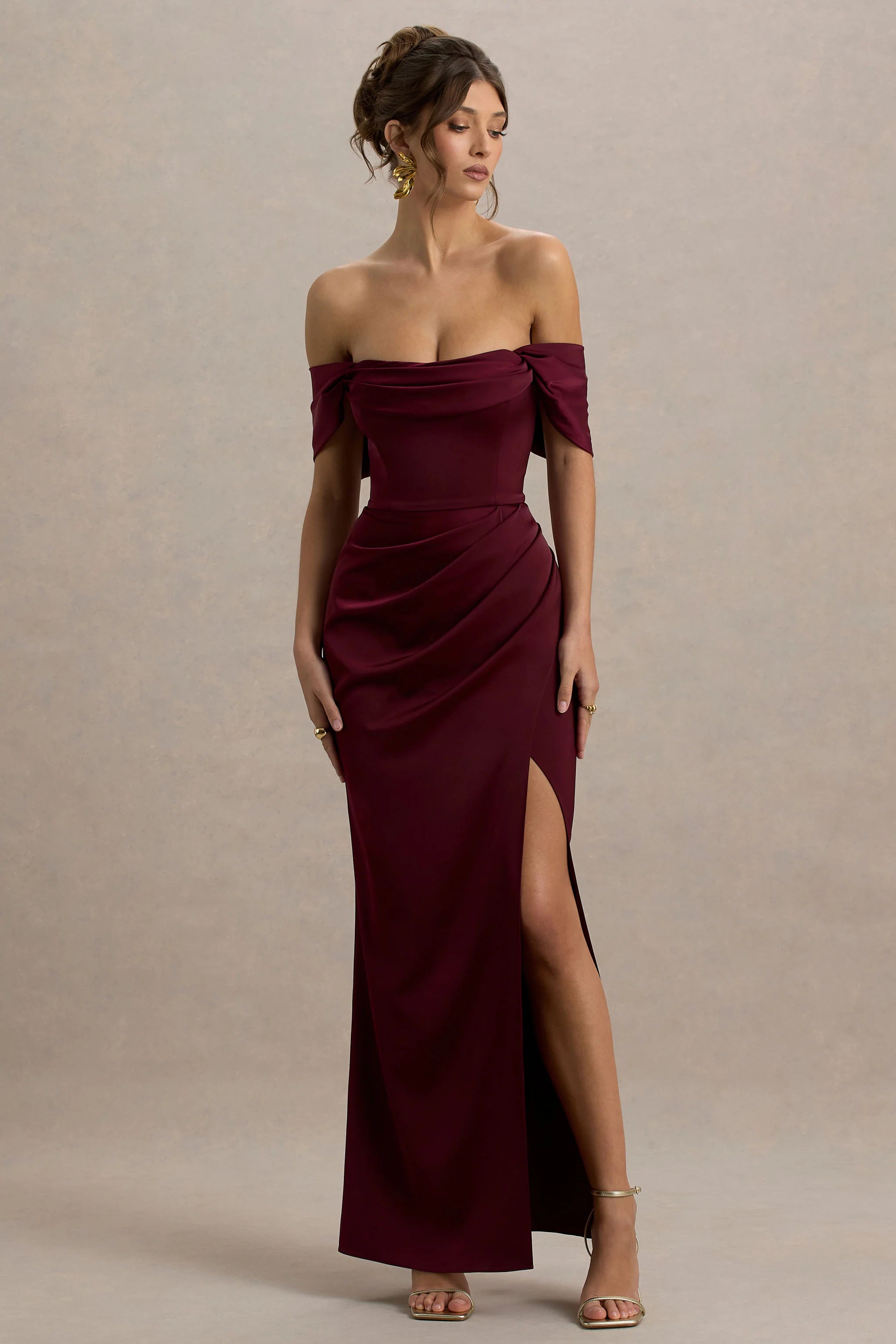 Annie | Burgundy Satin Bardot Maxi Dress With Split Wrap Skirt
