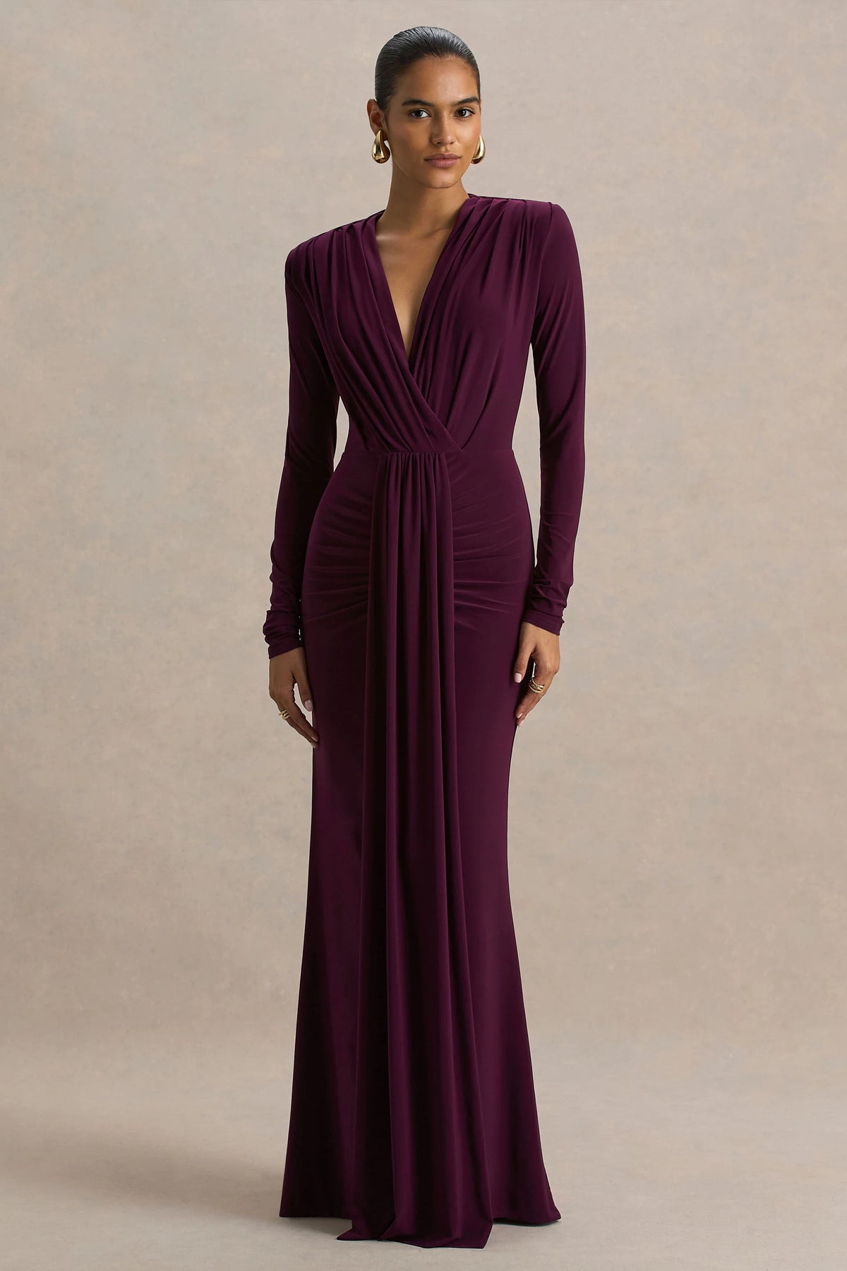 Flashy | Burgundy Plunge-Neck Maxi Dress With Ruched Detailing