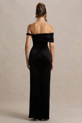 Poised | Black Velvet Bardot-Neck Maxi Dress With Twist-Sleeve