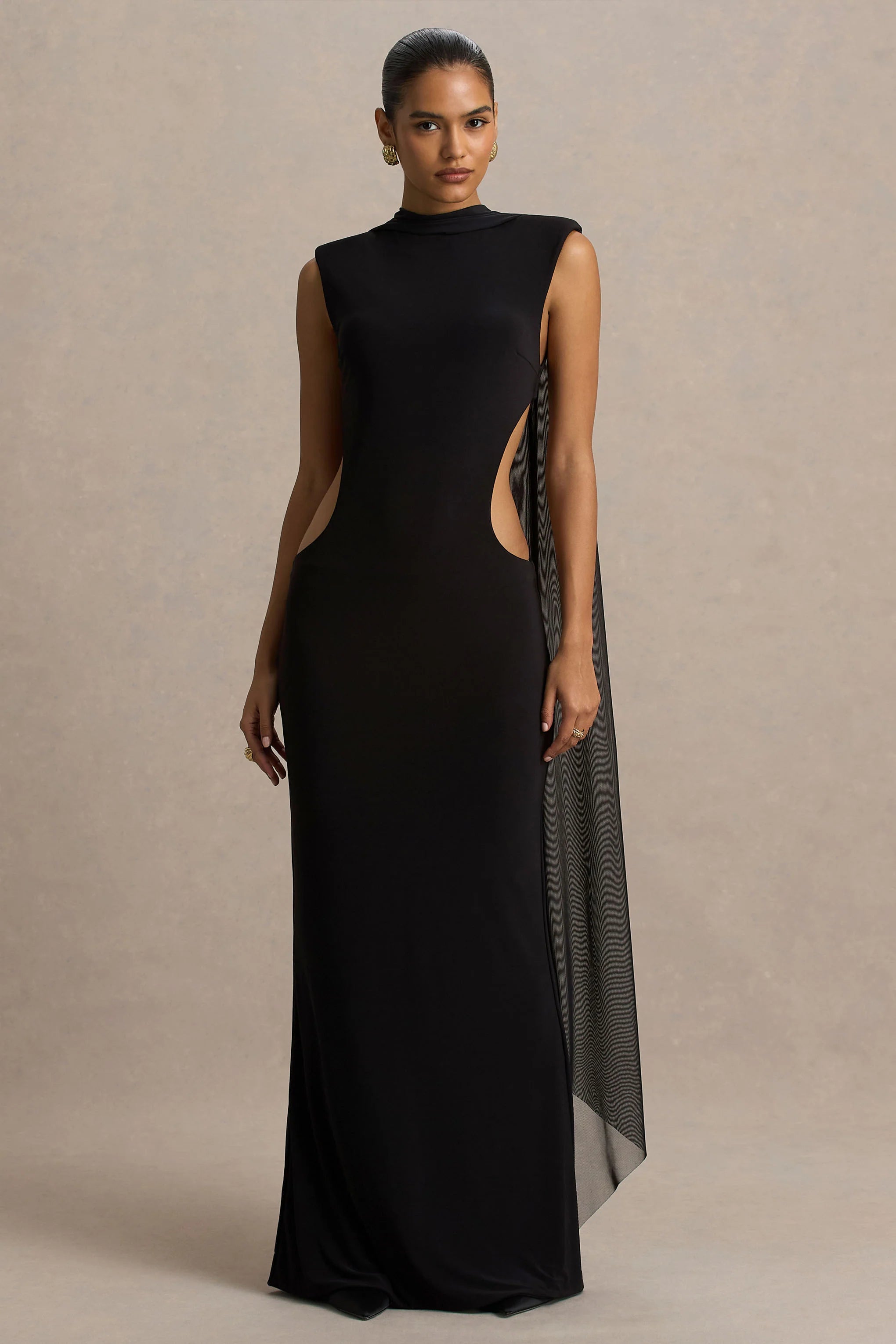 Katara | Black High-Neck Maxi Dress With Body Cut-Out Details
