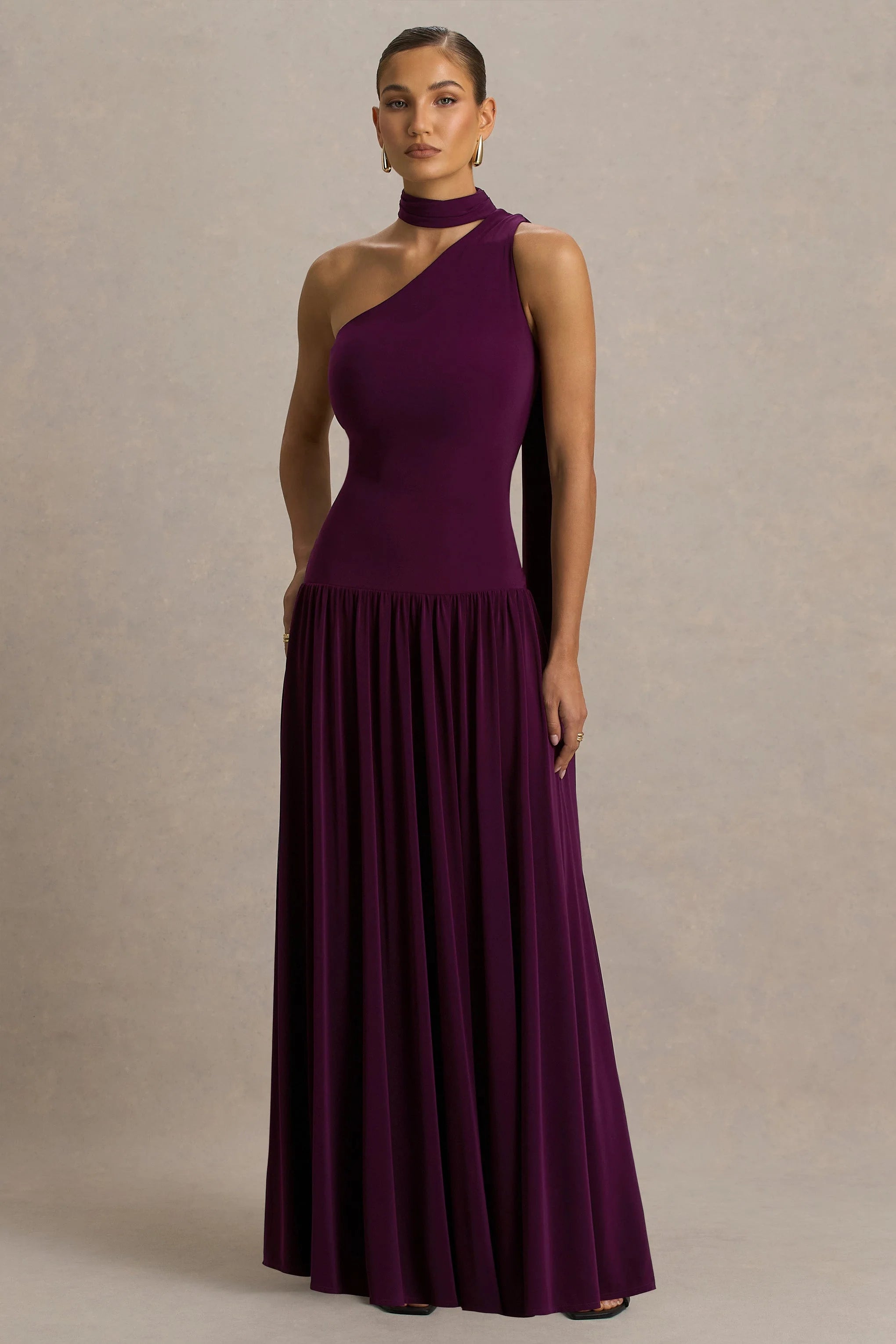 Freesia | Plum Asymmetric-Neck Maxi Dress With Scarf-Detail