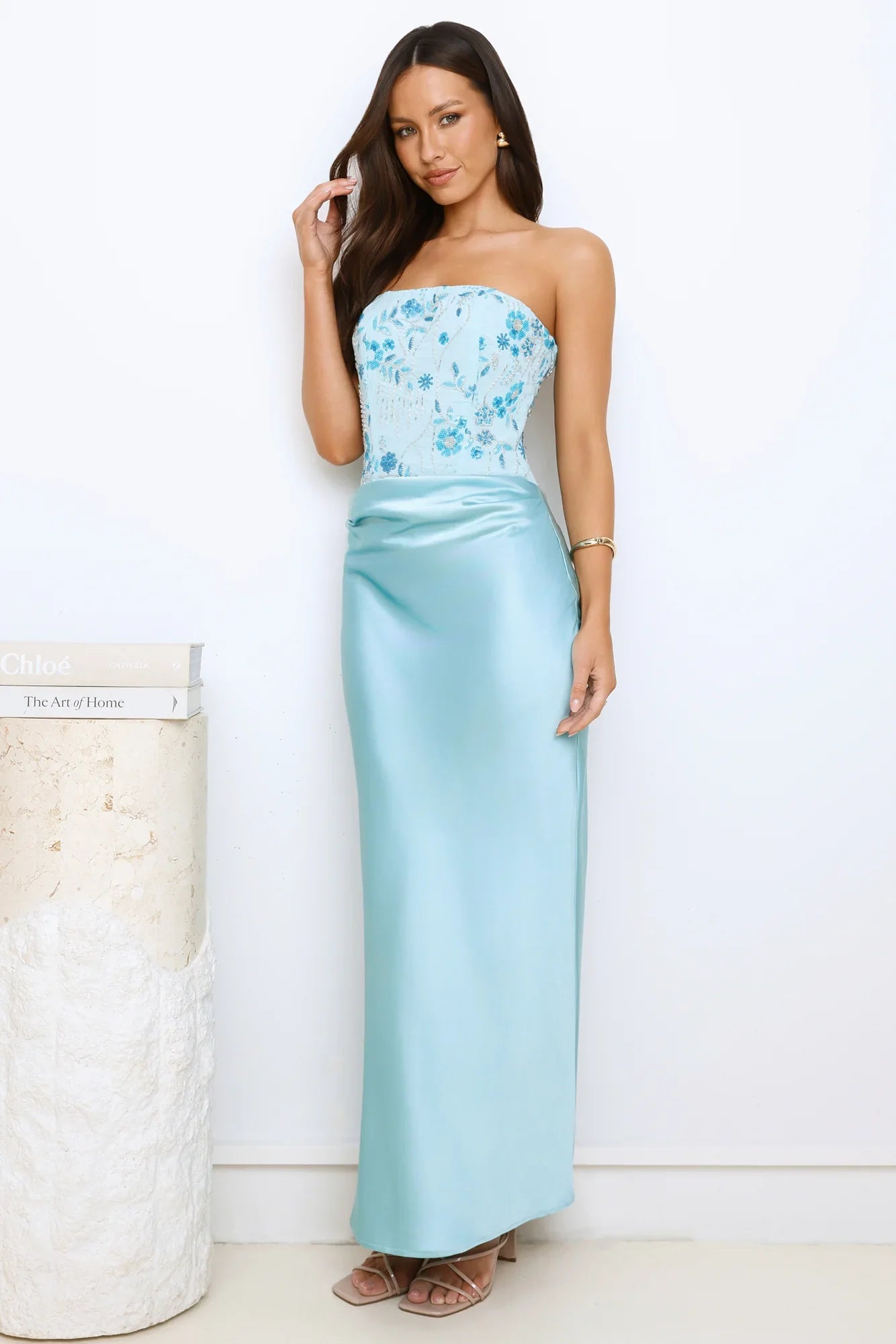 Dazzle On Demand Strapless Satin Maxi Dress