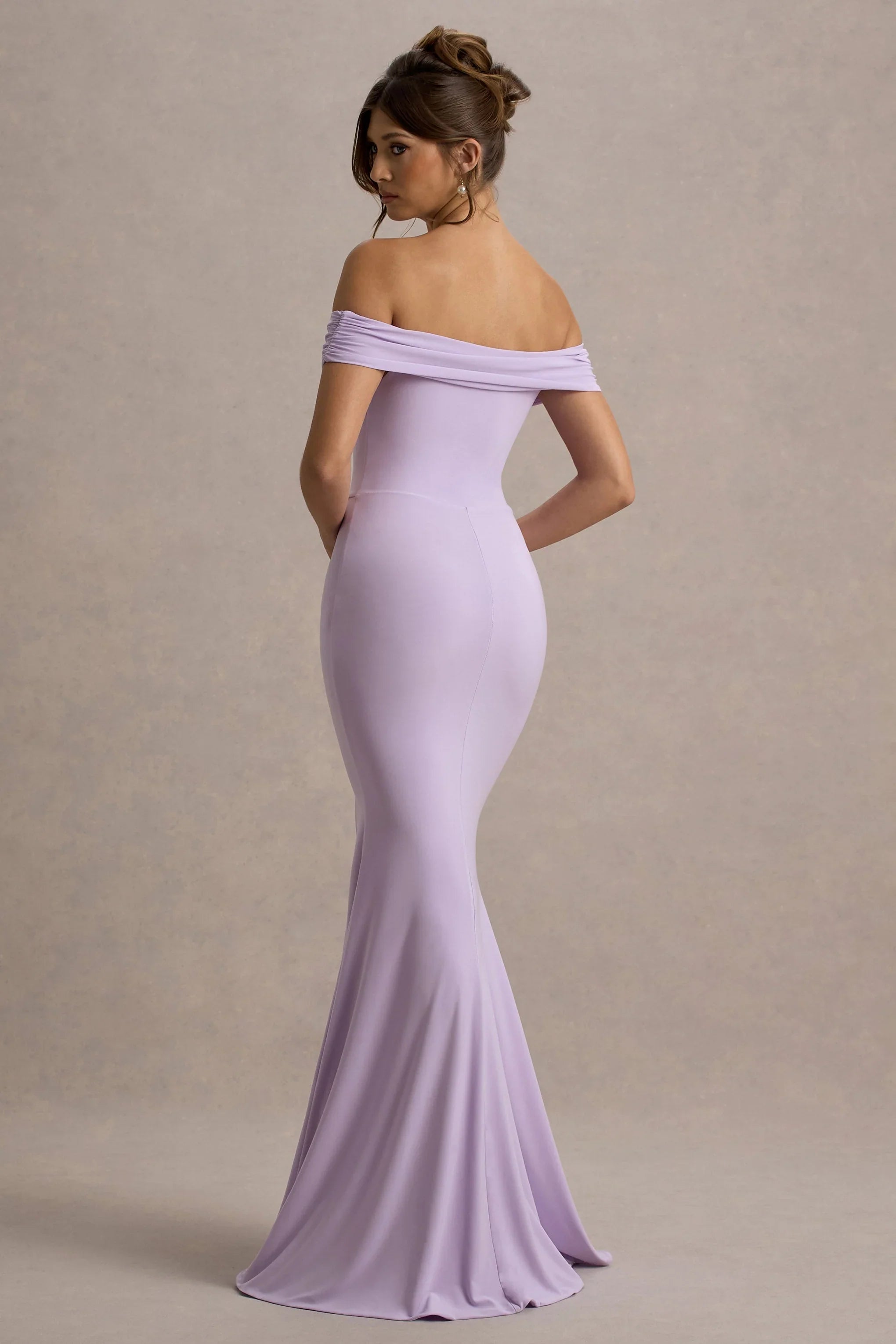 Law of Attraction | Lilac Bardot Draped Split Maxi Dress