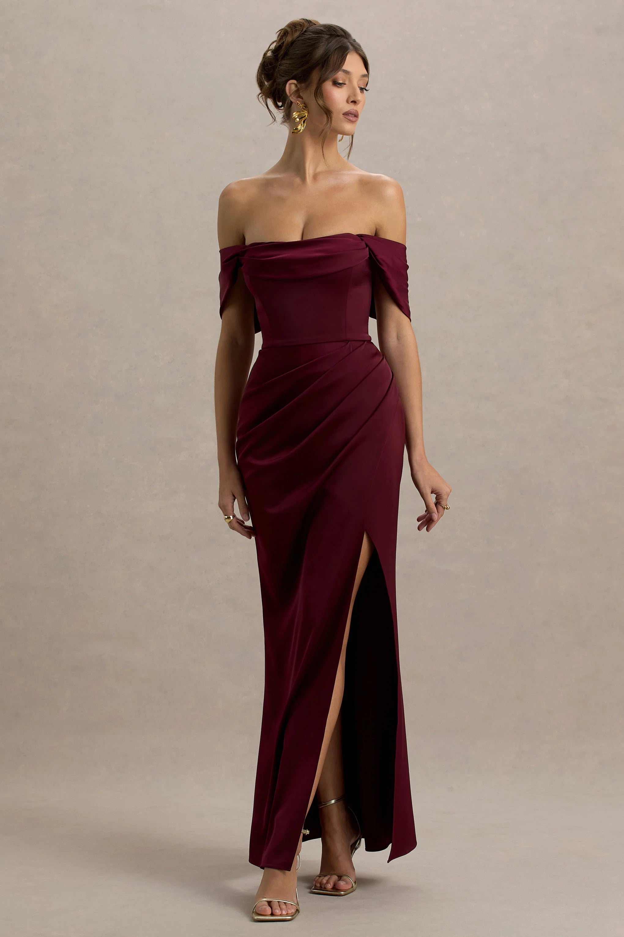 Annie | Burgundy Satin Bardot Maxi Dress With Split Wrap Skirt