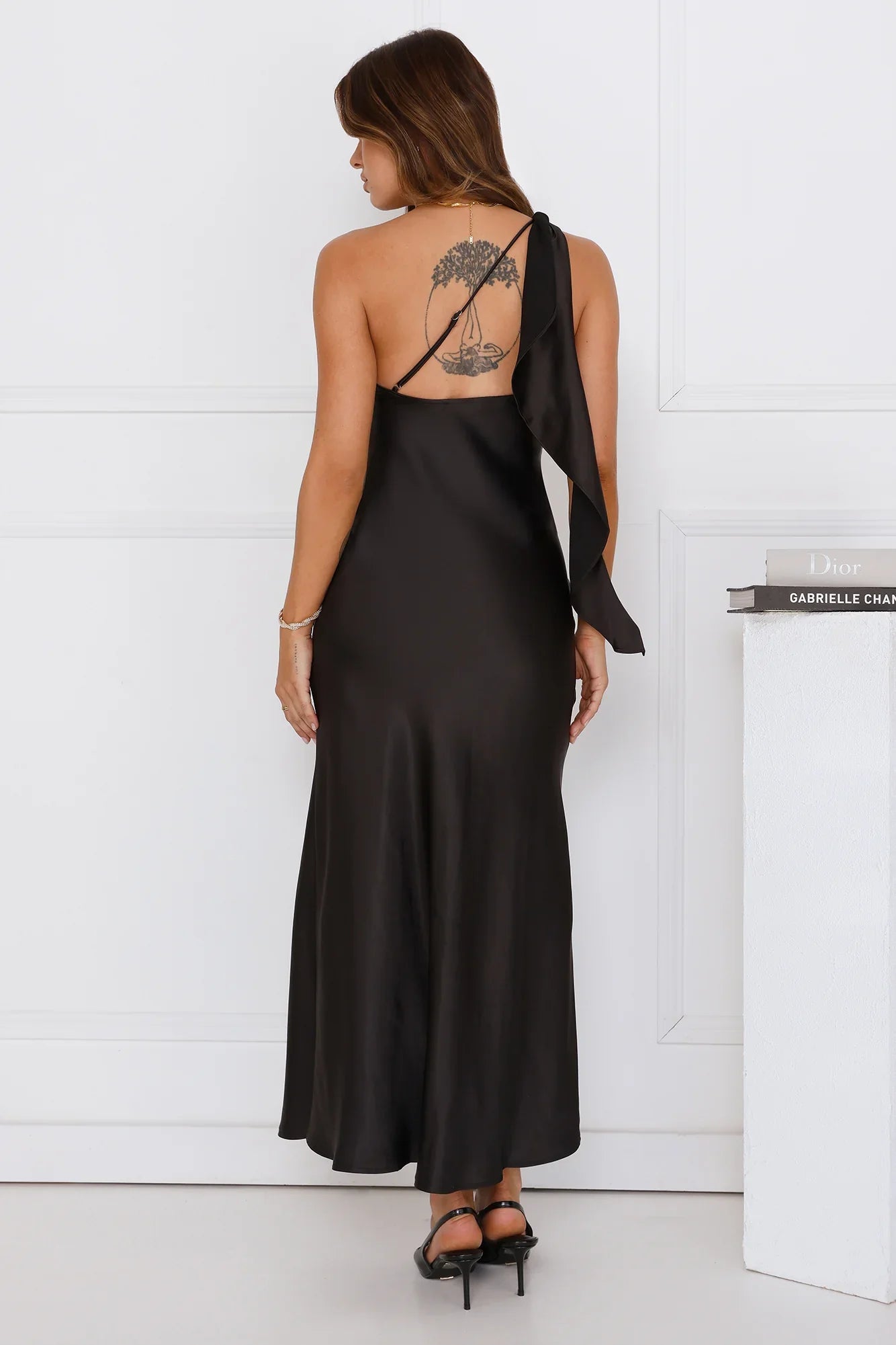 Romantic Tales Satin One Shoulder Maxi Dress Black