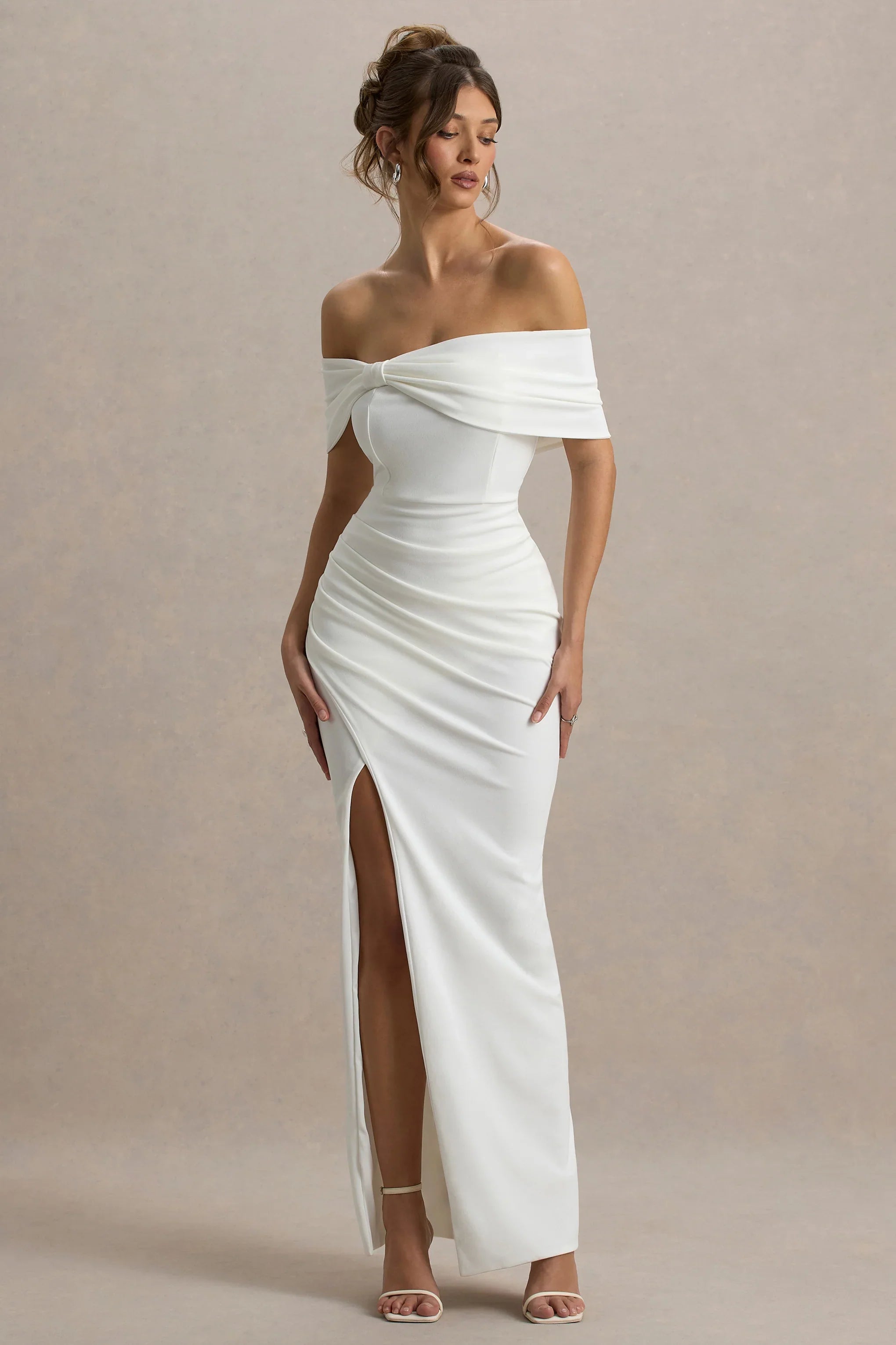 Eva | White Bardot Bow Detail Maxi Dress With Thigh Split